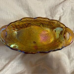 Vintage Indiana Glass Marigold Amber Gold Sunflower Carnival Glass Relish Dish